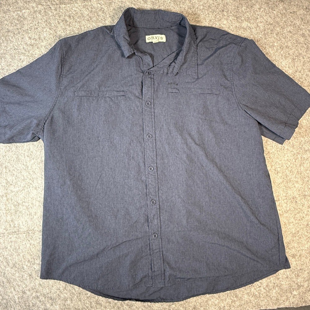 Orvis Button Down Shirt Mens XXL Blue Short Sleeve Heathered Outdoor Hiking